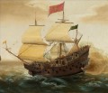 大砲を発射するスペインのガレオン船海戦